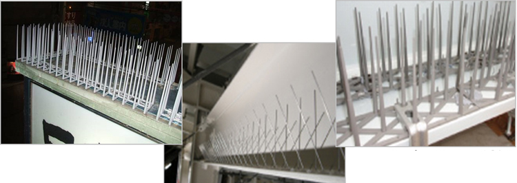 (左)看板上部への設置例 (中央)天井H鋼部への設置例 (右)クランプによる取付例
